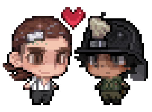 Luchino and Norton in a pixelated style with a red heart.